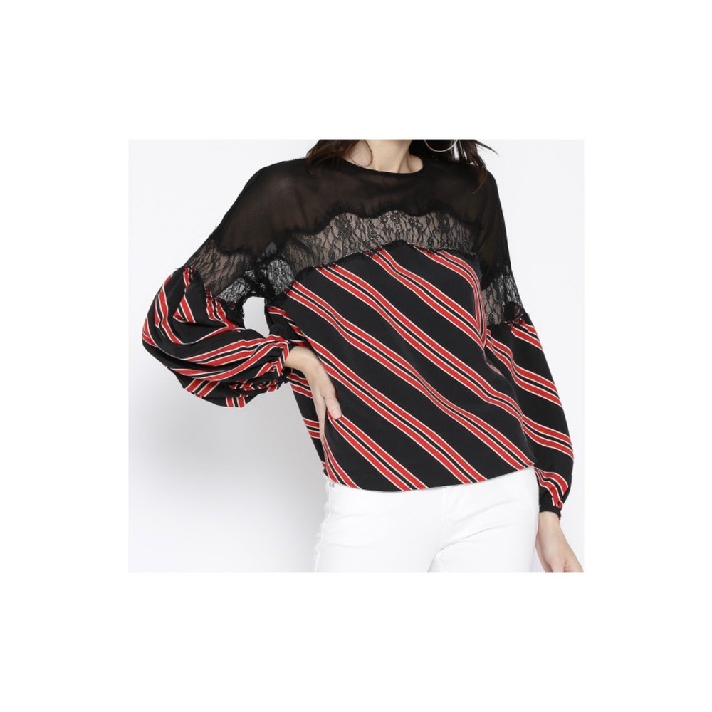ELOQUII Black Red Stripe Lace Sheer Yoke Balloon Sleeve Blouse Top Plus Size 20